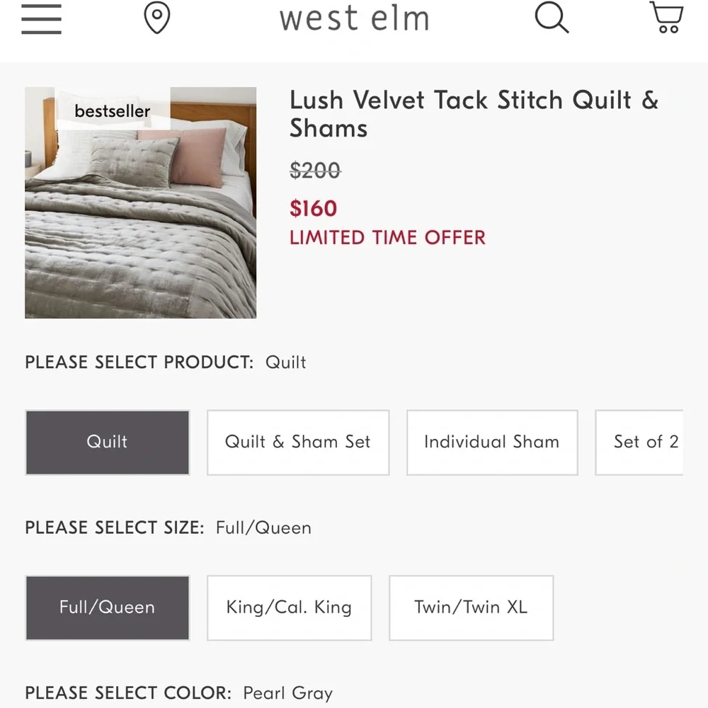 West elm lush velvet quilt and sham set